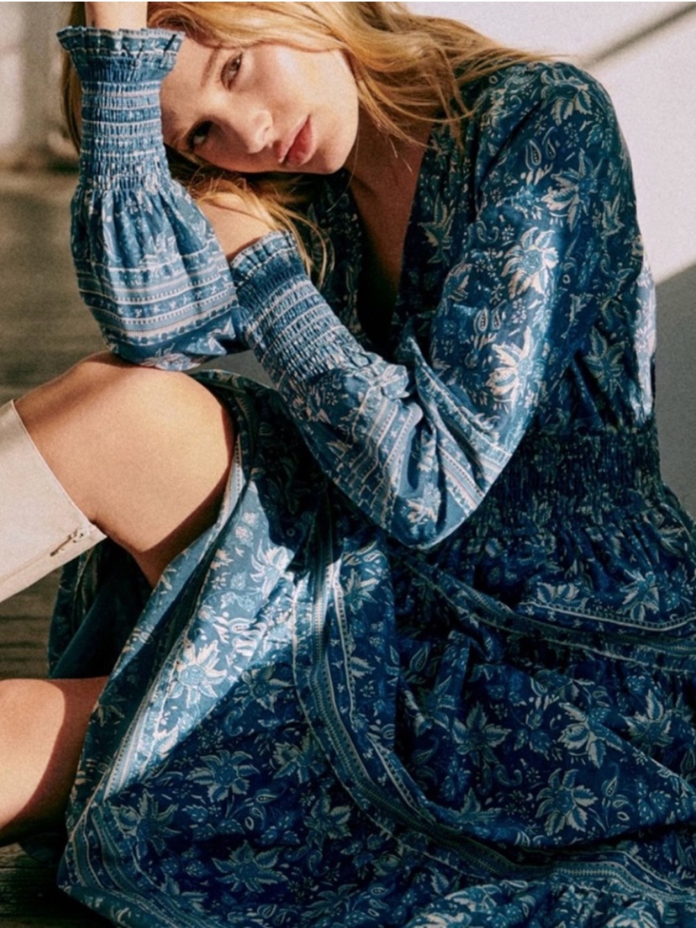 Sezane x Sea New York Blue Floral Long Sleeve Smocked Midi Dress